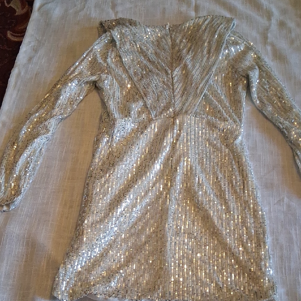 Silver Sequin Long Sleeve Dress